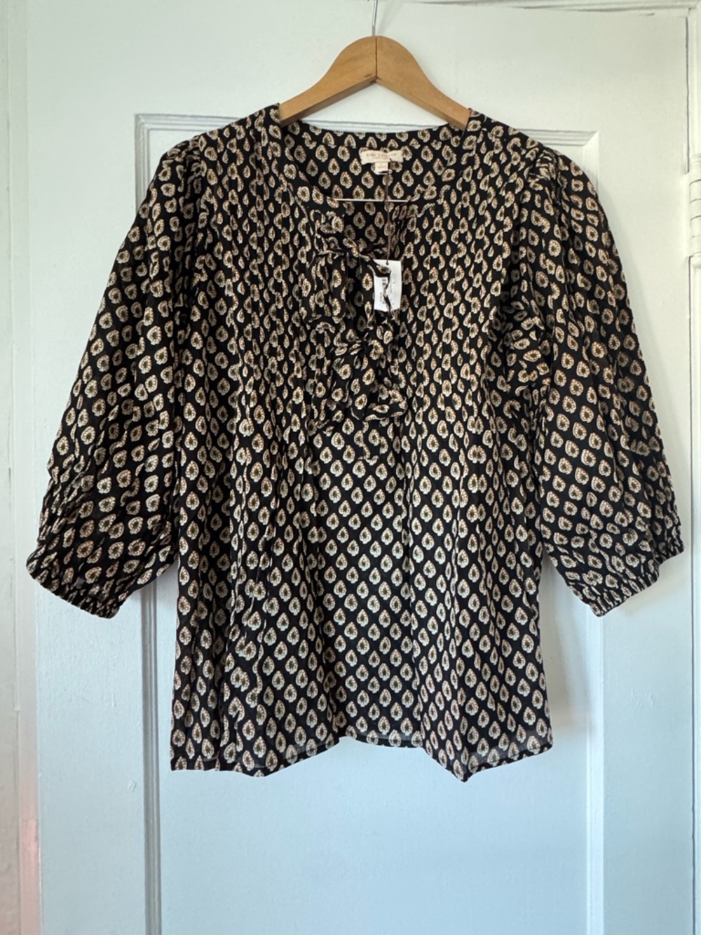 Pink Chicken Black and Cream Printed Tie-Neck Blouse